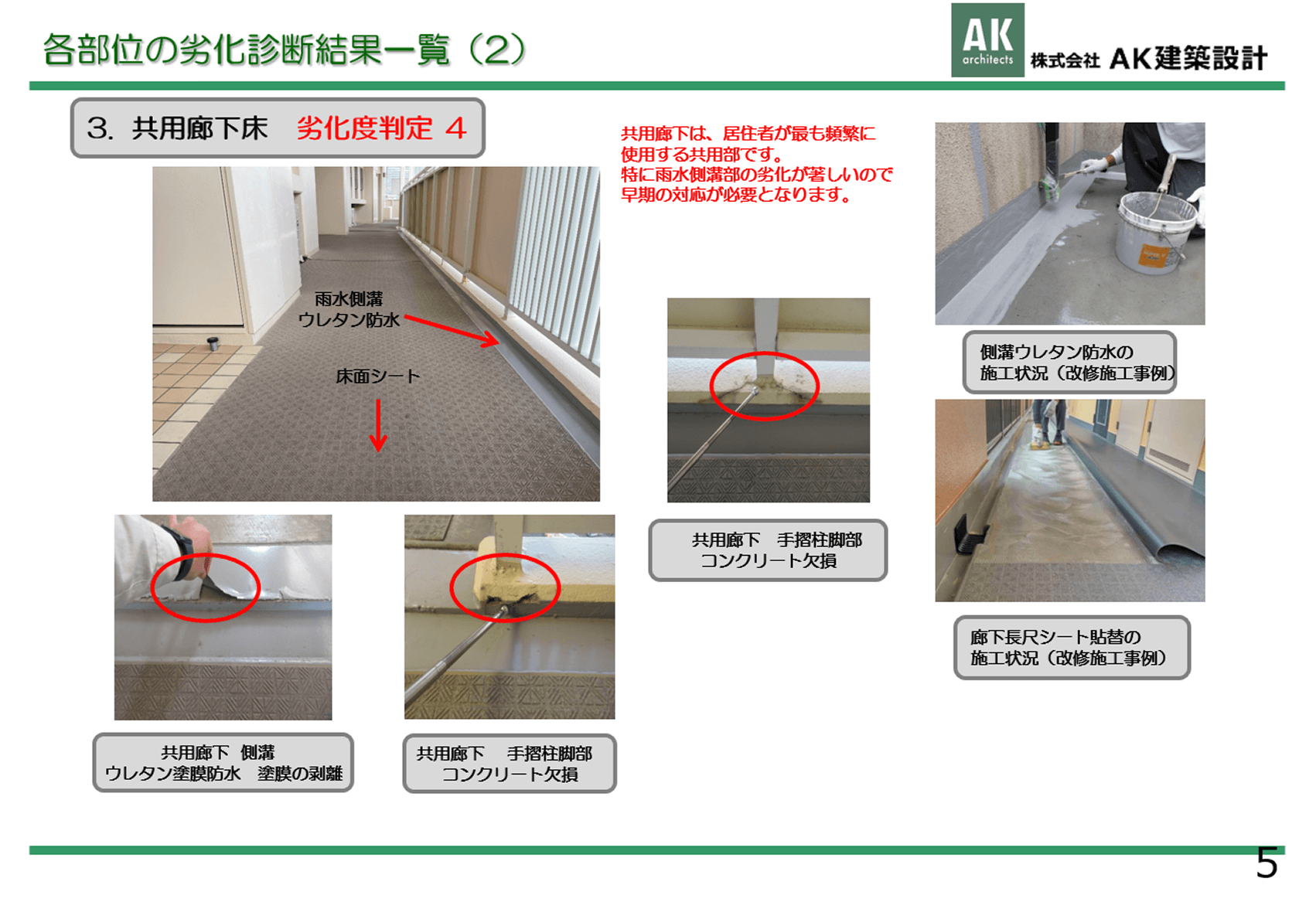 建物各部位の劣化診断結果をまとめた資料ページ。共用廊下の調査結果が記載されている